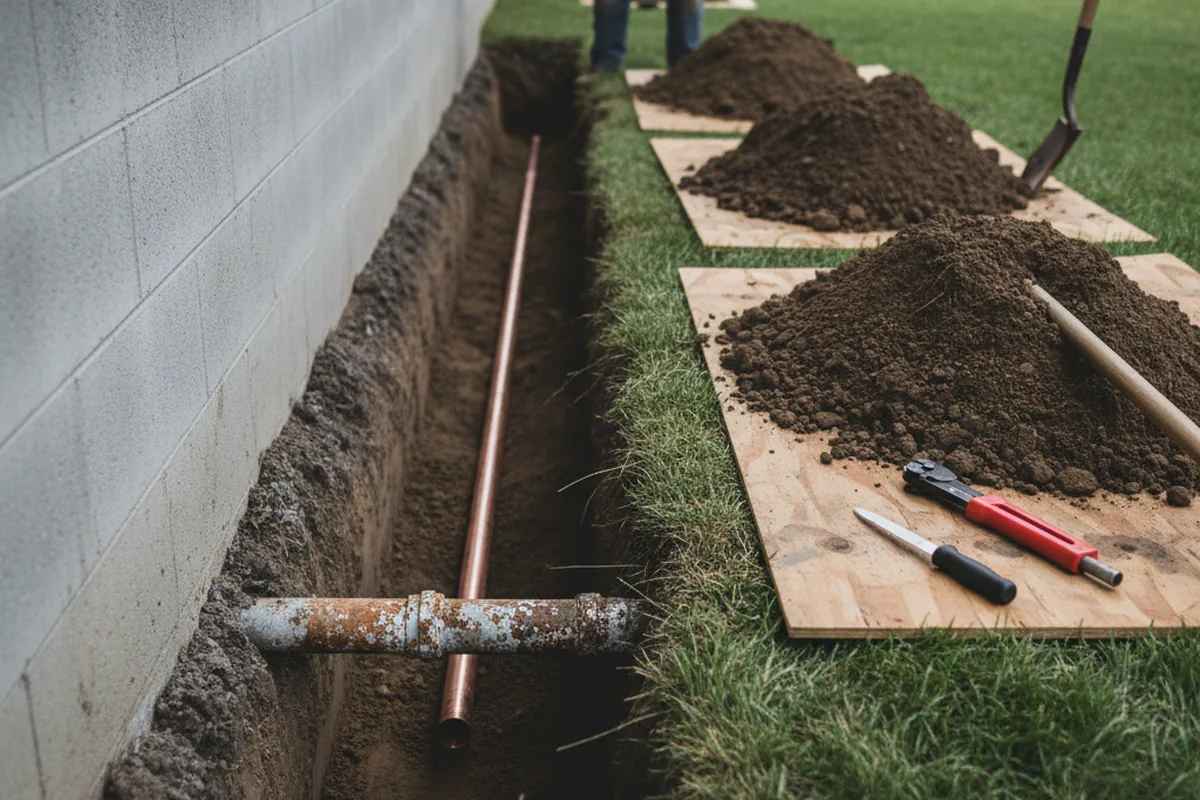 Excavated water line trench during Sewer Line Repair in Ruby